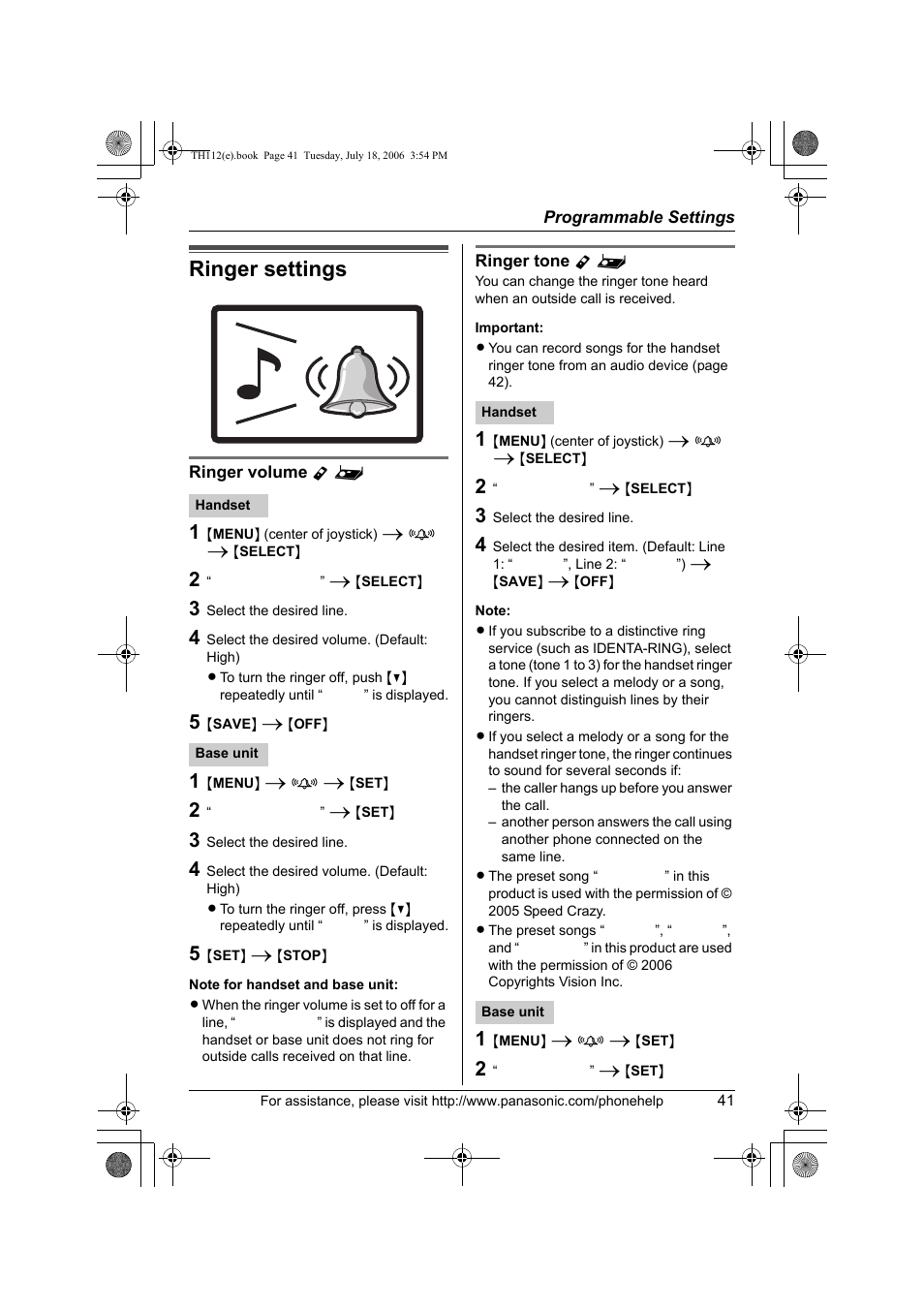 Programmable settings, Ringer settings | Panasonic KX-TH112 User Manual | Page 41 / 92