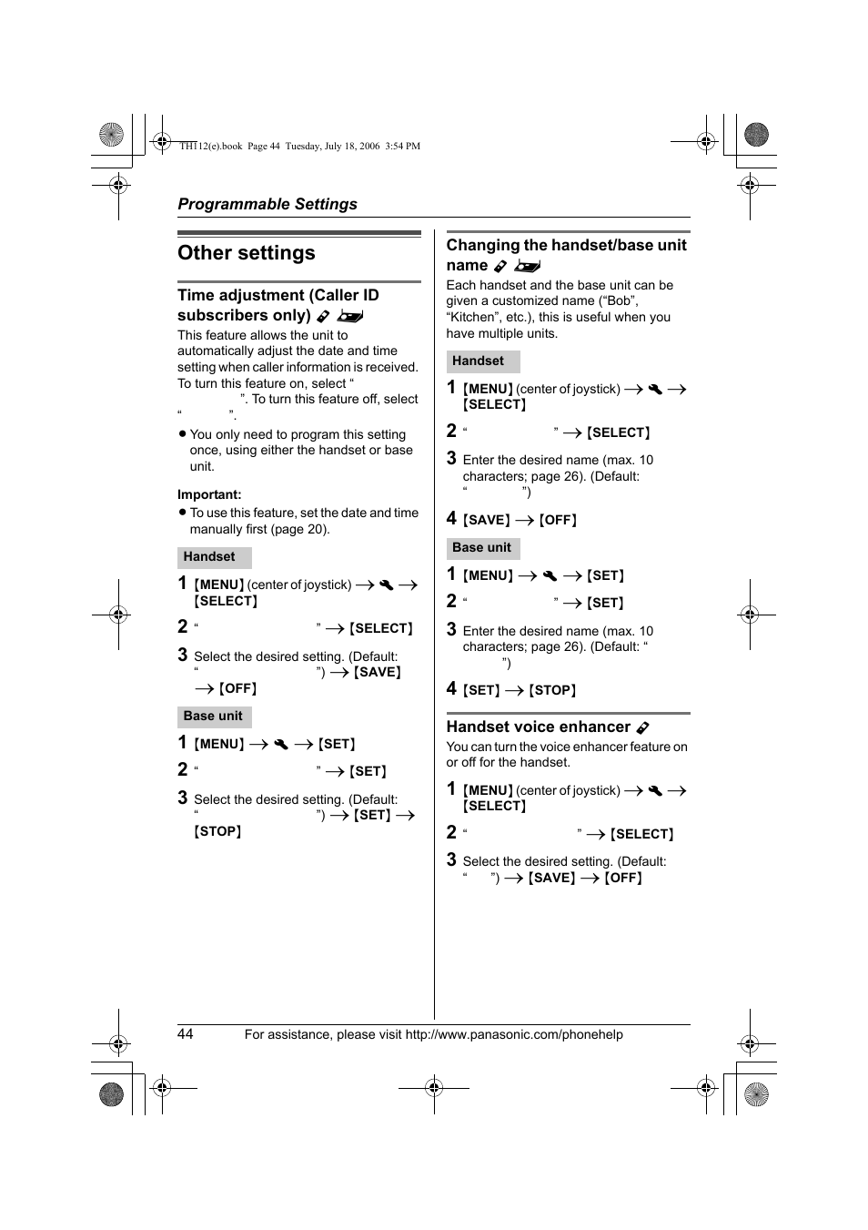Other settings | Panasonic KX-TH112 User Manual | Page 44 / 92