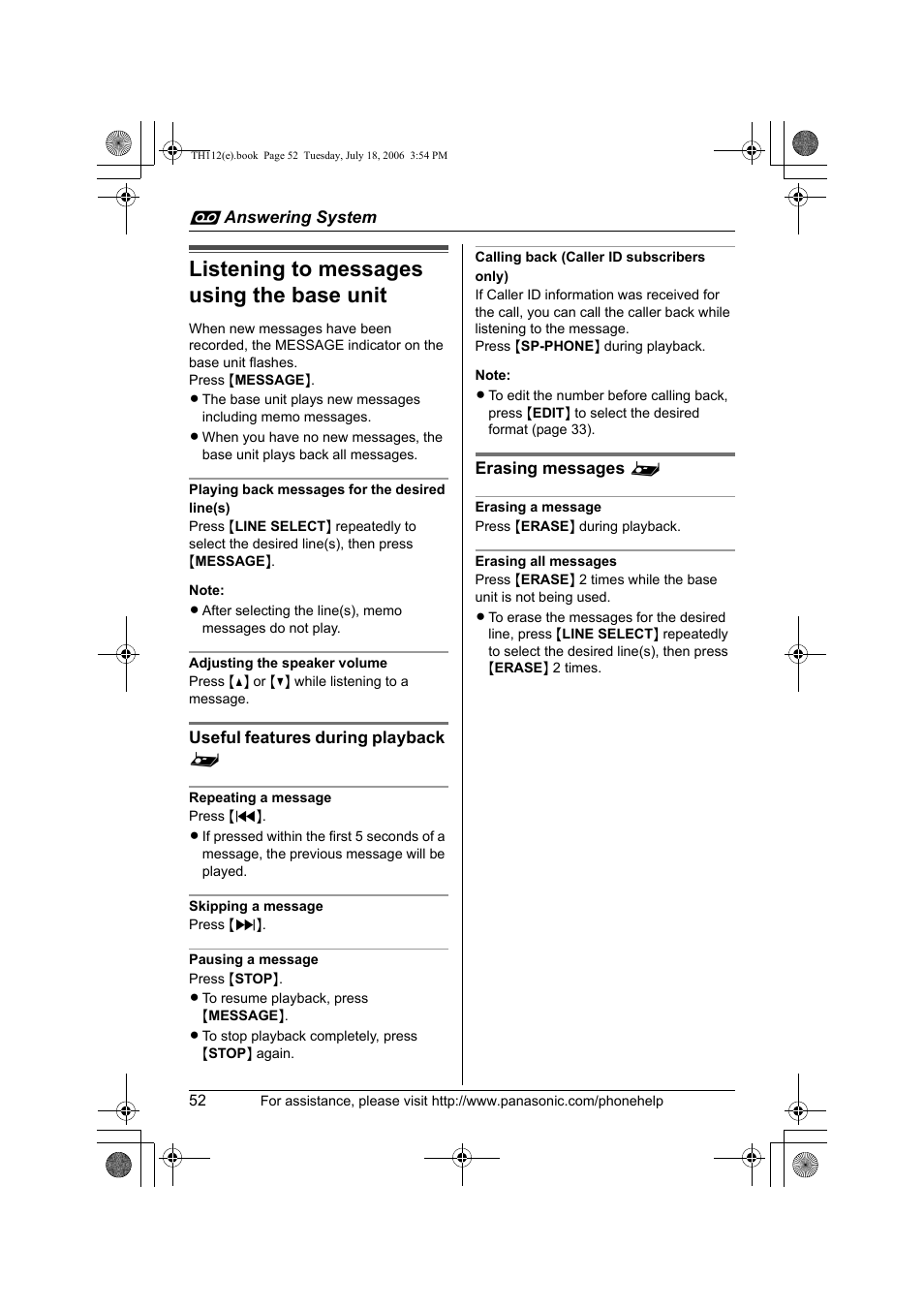 Listening to messages using the base unit | Panasonic KX-TH112 User Manual | Page 52 / 92