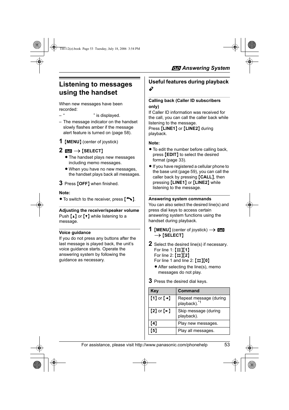 Listeing to messages using the handset, Listening to messages using the handset | Panasonic KX-TH112 User Manual | Page 53 / 92