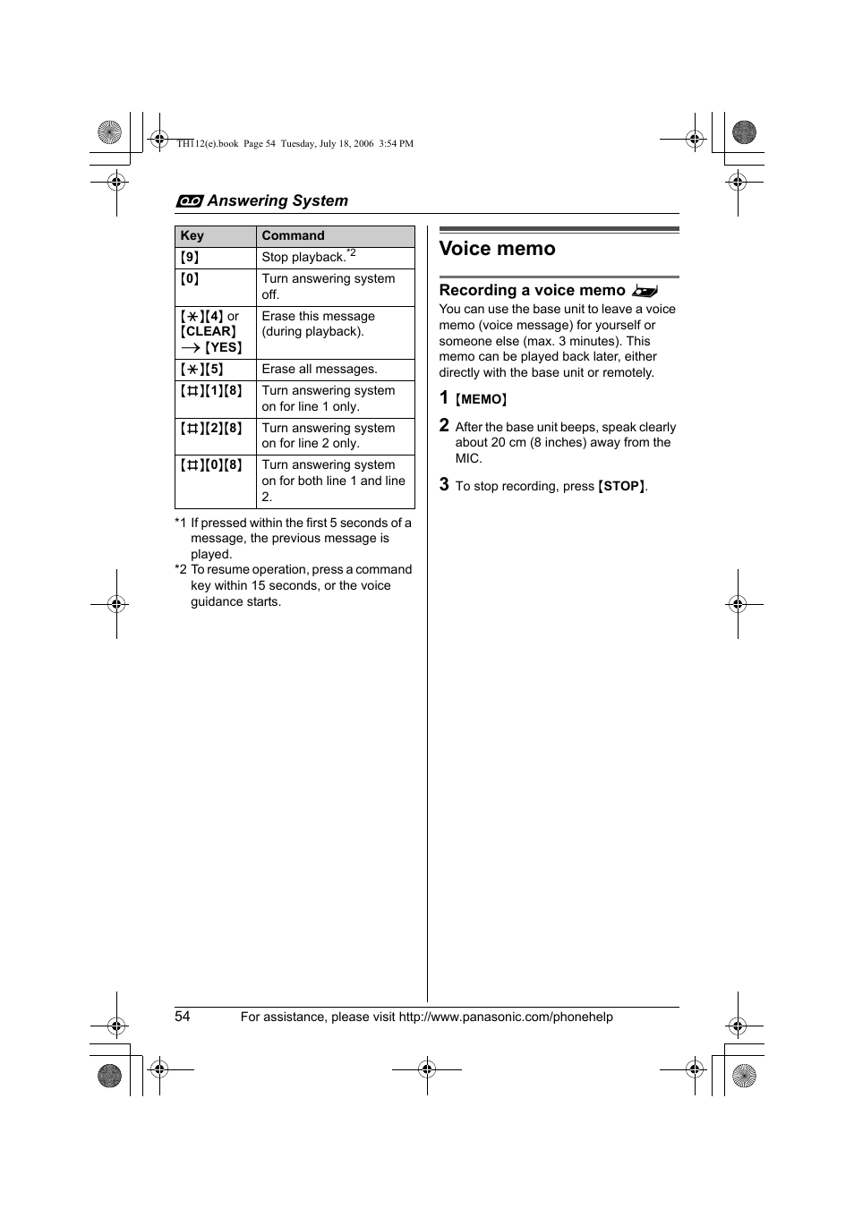 Voice memo | Panasonic KX-TH112 User Manual | Page 54 / 92