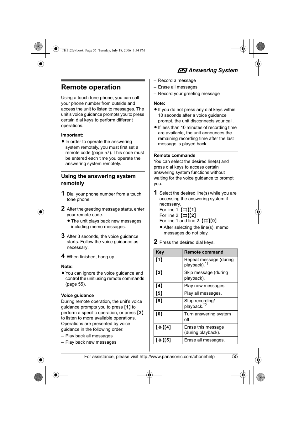 Remote operation | Panasonic KX-TH112 User Manual | Page 55 / 92