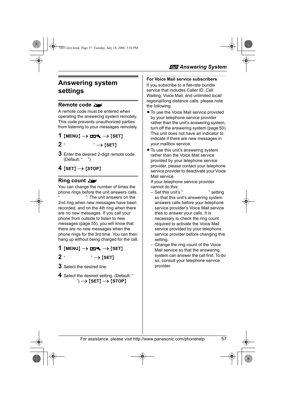 Answering system settings | Panasonic KX-TH112 User Manual | Page 57 / 92