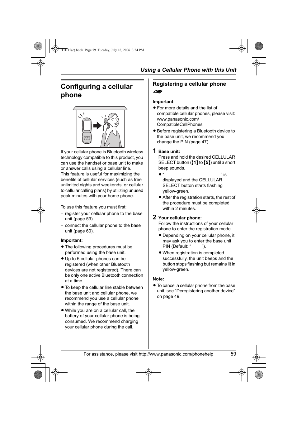 Using a cellular phone with this unit, Configuring a cellular phone | Panasonic KX-TH112 User Manual | Page 59 / 92