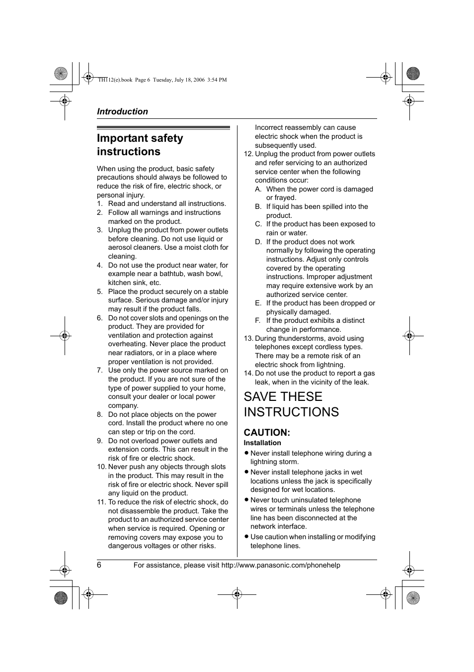 Important safety instructions, Save these instructions, Caution | Panasonic KX-TH112 User Manual | Page 6 / 92
