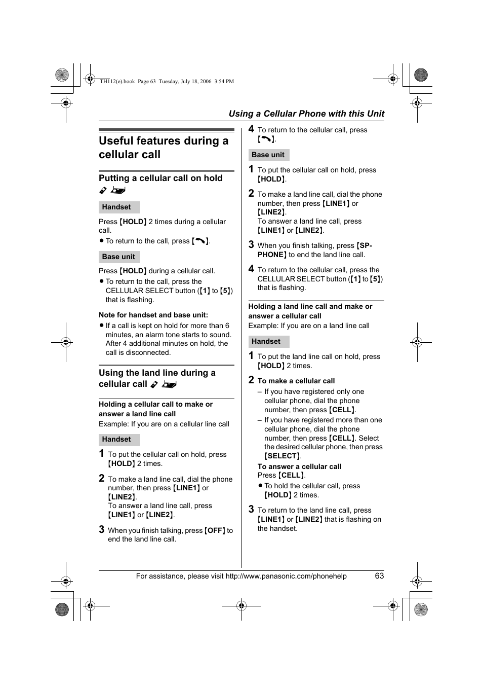 Useful features during a cellular call | Panasonic KX-TH112 User Manual | Page 63 / 92
