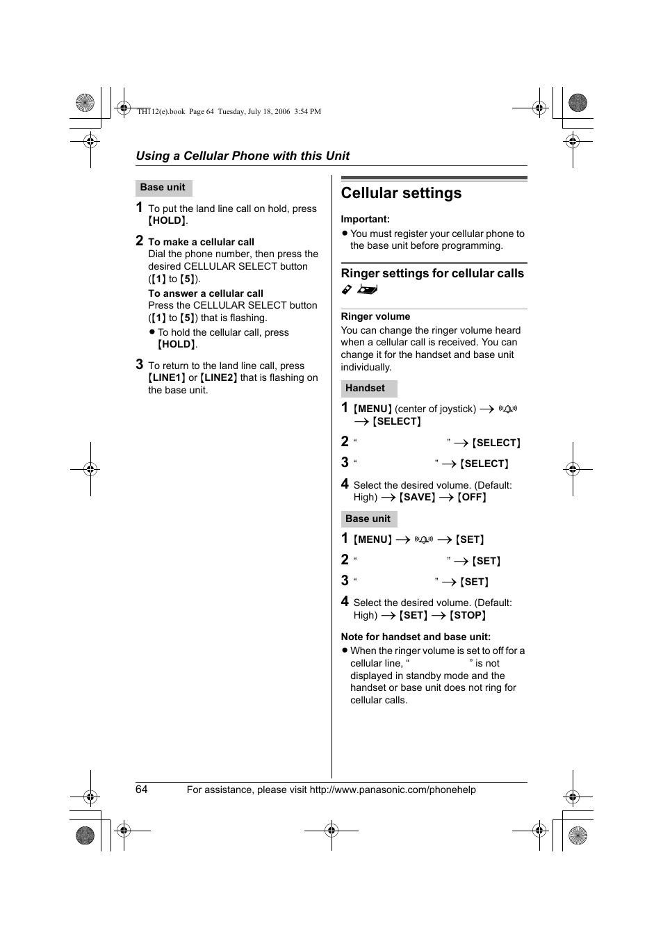 Cellular settings | Panasonic KX-TH112 User Manual | Page 64 / 92