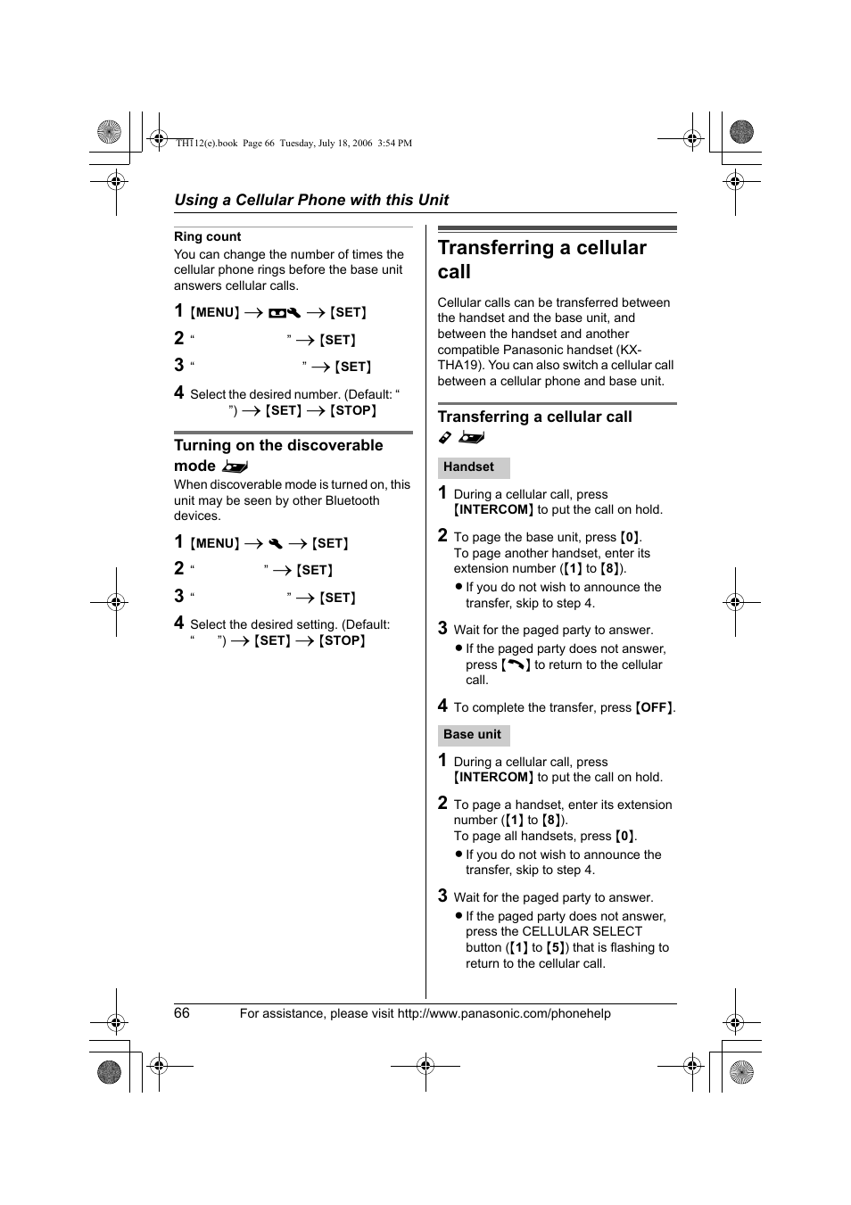 Transferring a cellular call | Panasonic KX-TH112 User Manual | Page 66 / 92