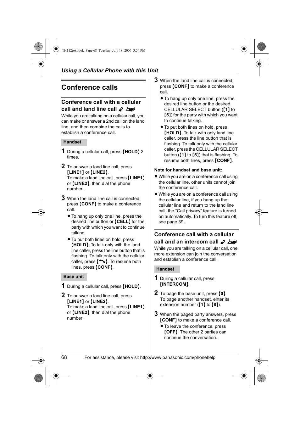 Conference calls | Panasonic KX-TH112 User Manual | Page 68 / 92