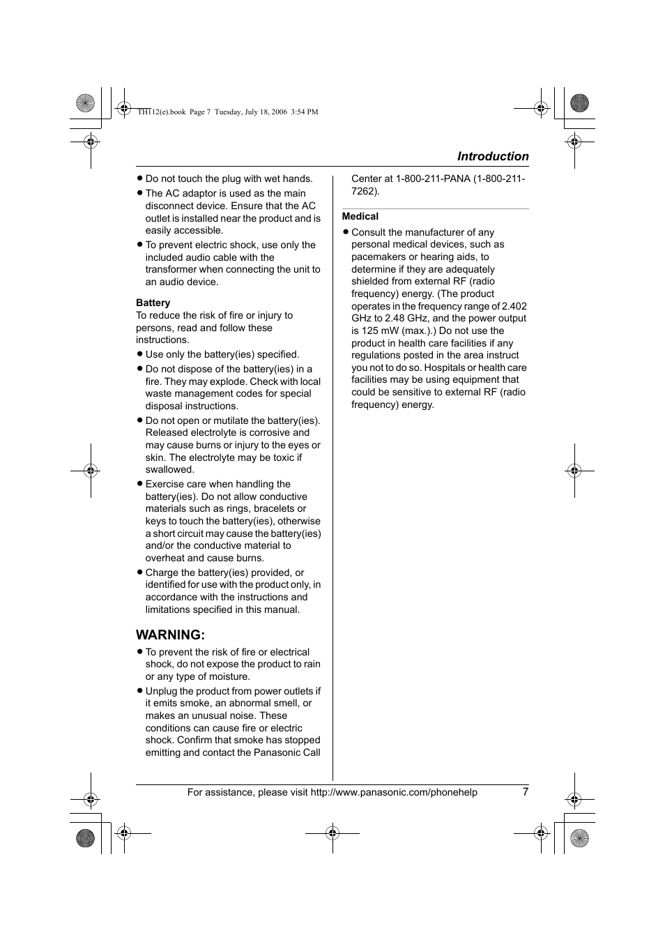 Warning | Panasonic KX-TH112 User Manual | Page 7 / 92