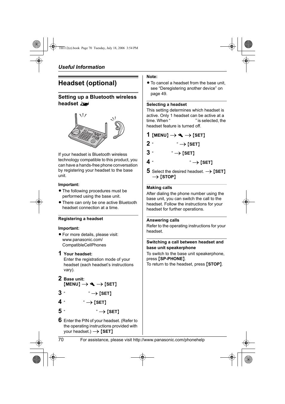 Useful information, Headset (optional) | Panasonic KX-TH112 User Manual | Page 70 / 92