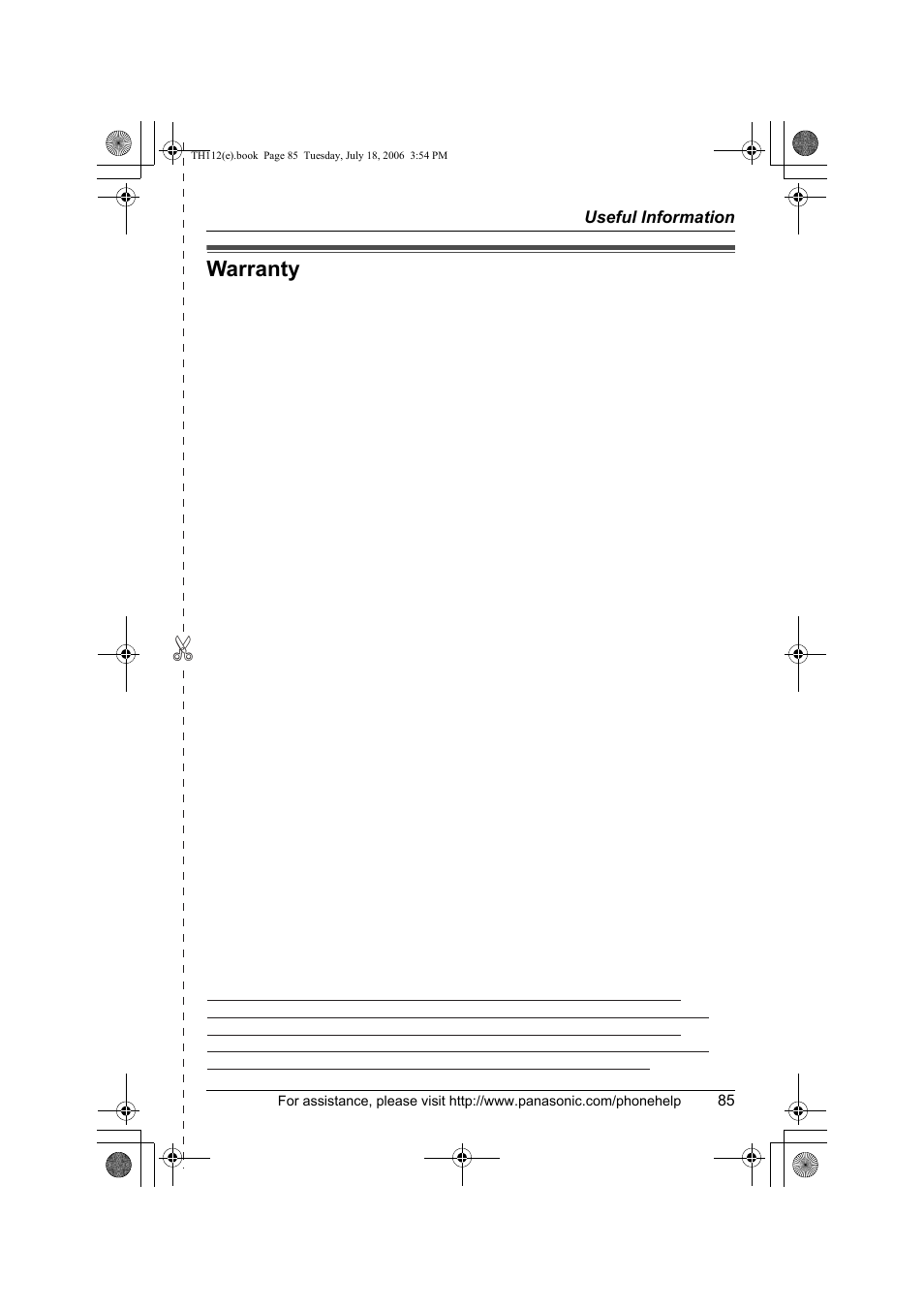 Warranty, Panasonic telephone products limited warranty | Panasonic KX-TH112 User Manual | Page 85 / 92