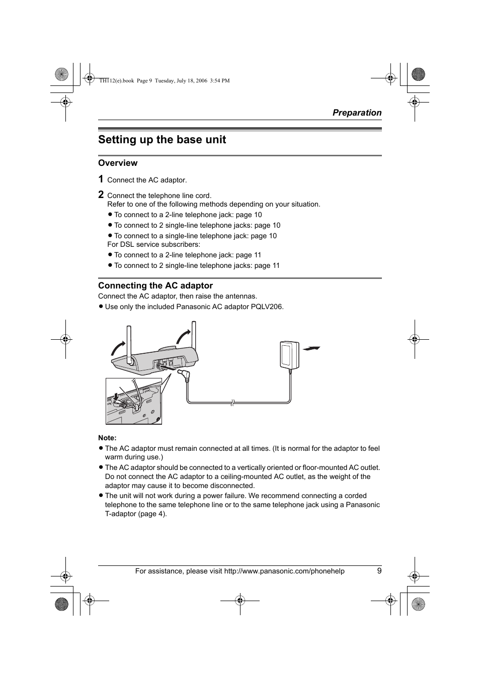 Preparation, Setting up the base unit | Panasonic KX-TH112 User Manual | Page 9 / 92