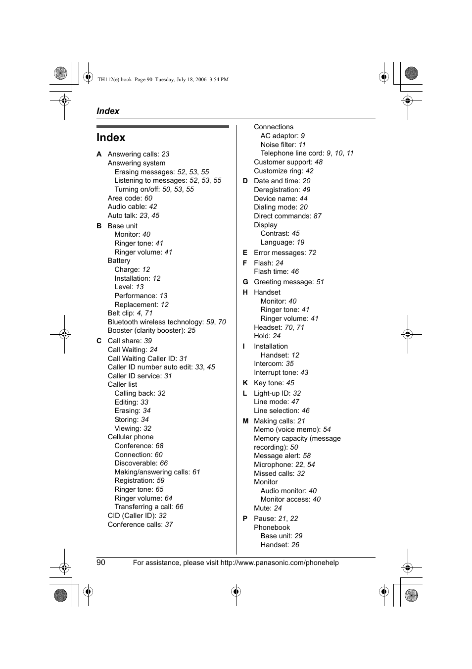 Index | Panasonic KX-TH112 User Manual | Page 90 / 92