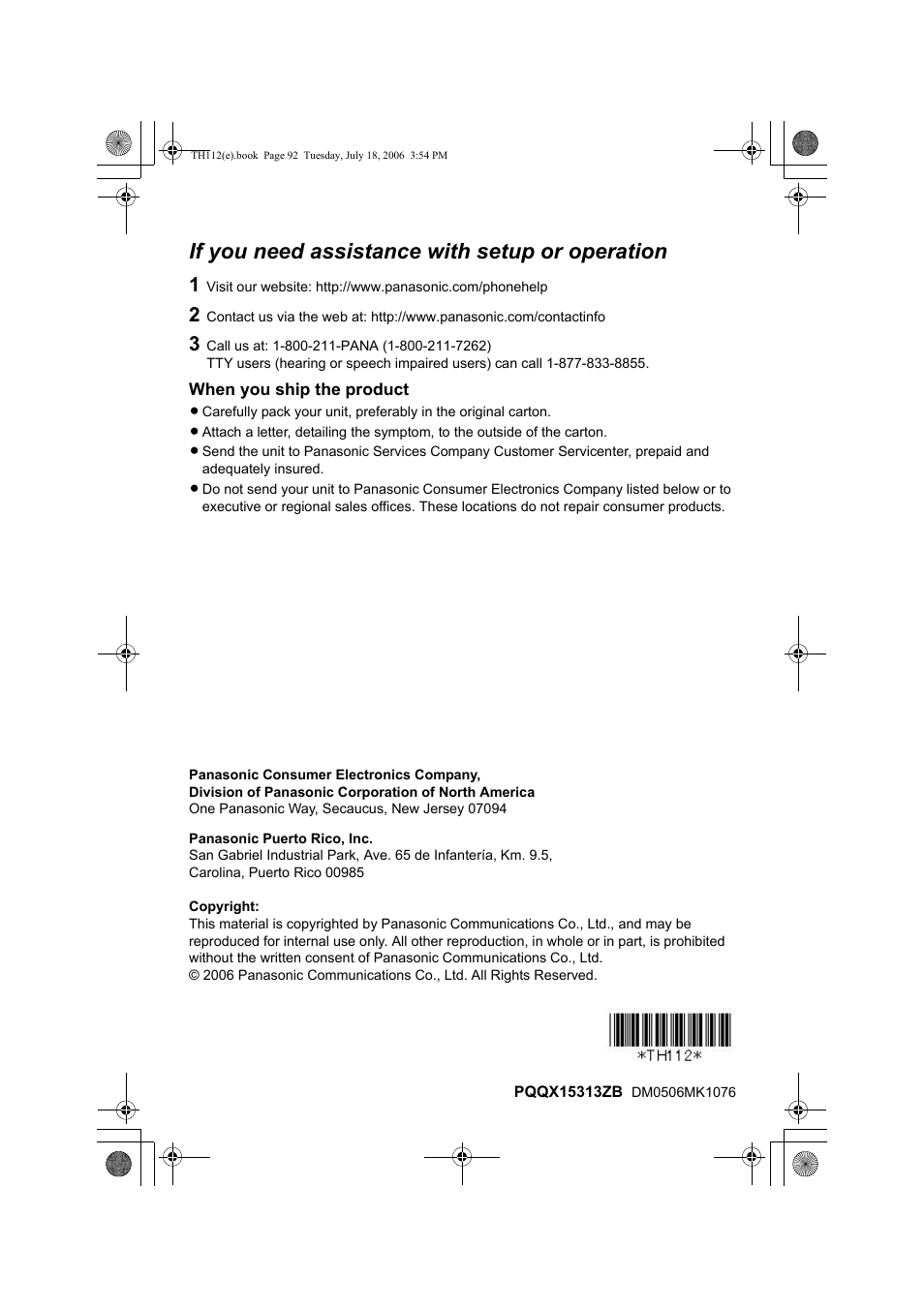 If you need assistance with setup or operation | Panasonic KX-TH112 User Manual | Page 92 / 92