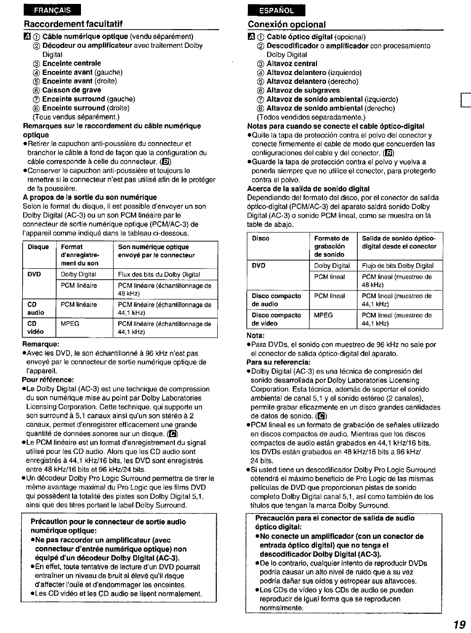 Raccordement facultatif, Conexión opcional, Remarque | Précaution pour le connecteur de sortie audio, Nota | Panasonic DVD-A100 u CA User Manual | Page 19 / 92