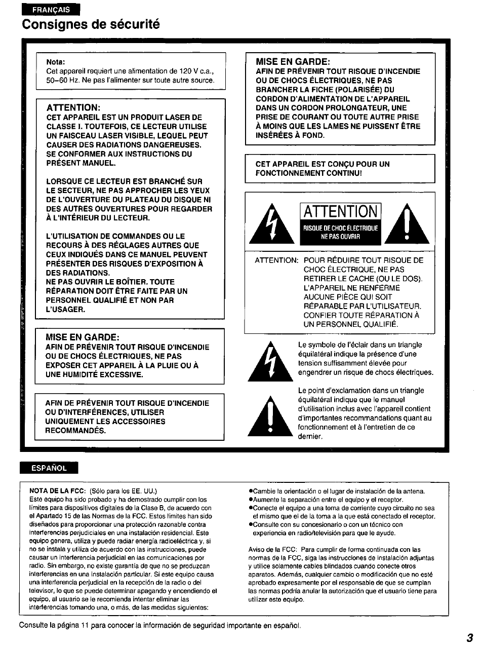 Consignes de sécurité, Nota, Se conformer aux instructions du présent manuel | Attention, Español | Panasonic DVD-A100 u CA User Manual | Page 3 / 92