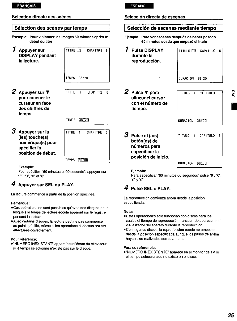 Sélection des scènes par temps, Selección de escenas mediante tiempo, Exemple | Remarque, Pour référence, Ejemplo, Nota, Para su referencia, Selección de escenas mediante número de título | Panasonic DVD-A100 u CA User Manual | Page 35 / 92