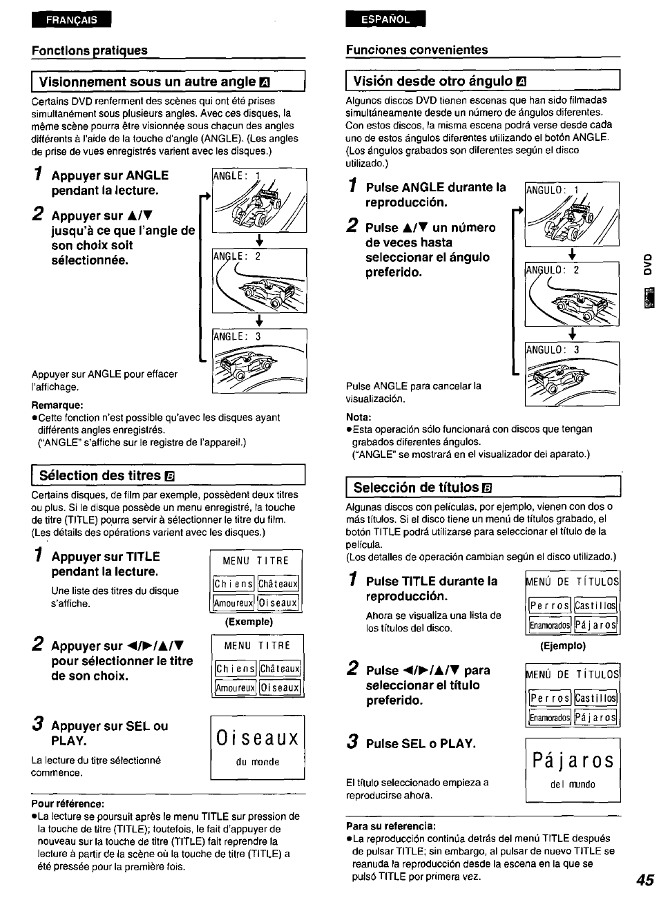 Visionnement sous un autre angle o, Sélection des titres ui, Oiseaux | Pour référence, Visión desde otro ángulo el, Nota, Selección de títulos e), Pájaros, Para su referencia, Visión desde otro ángulo •selección de títulos | Panasonic DVD-A100 u CA User Manual | Page 45 / 92