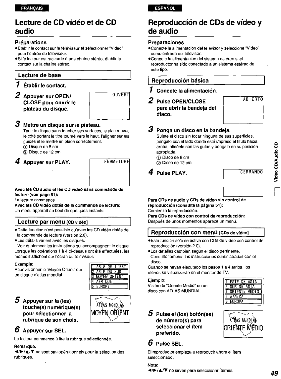 Lecture de cd vidéo et de cd audio, Lecture de base, Lecture par menu [cd vidéo | Reproducción de cds de video y de audio, Reproducción básica, Reproducción con menú [cos de vídeo, Lecture en reprise | Panasonic DVD-A100 u CA User Manual | Page 49 / 92