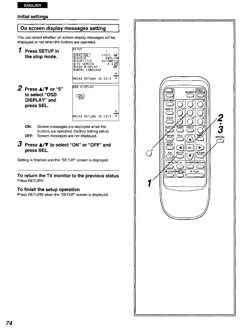 On screen display messages setting | Panasonic DVD-A100 u CA User Manual | Page 74 / 92