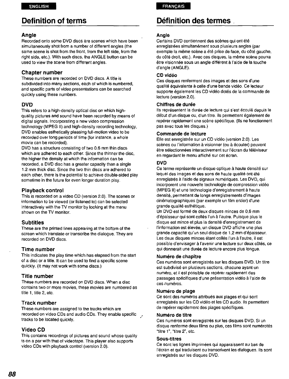 Definition of terms, Définition des termes, Angle | Chapter number, Playback control, Subtitles, Time number, Title number, Track number, Video cd | Panasonic DVD-A100 u CA User Manual | Page 88 / 92