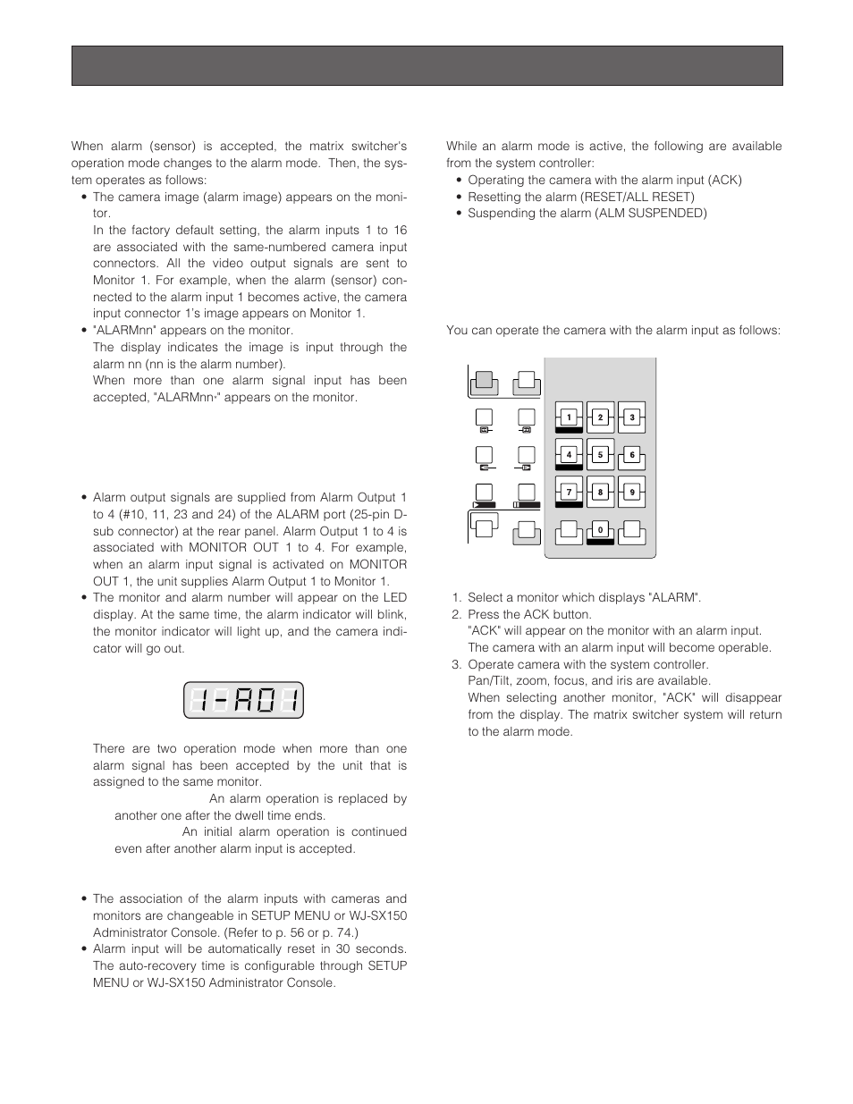 Alarm control, Alarm mode, Operating during an alarm mode | Operation of an alarm-related camera (ack), Alarm01 ack | Panasonic WJ-SX 150 User Manual | Page 100 / 148