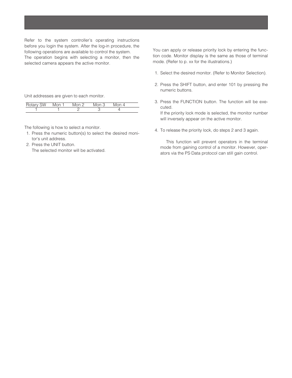 Monitor control, Monitor selection, Priority lock | Panasonic WJ-SX 150 User Manual | Page 106 / 148