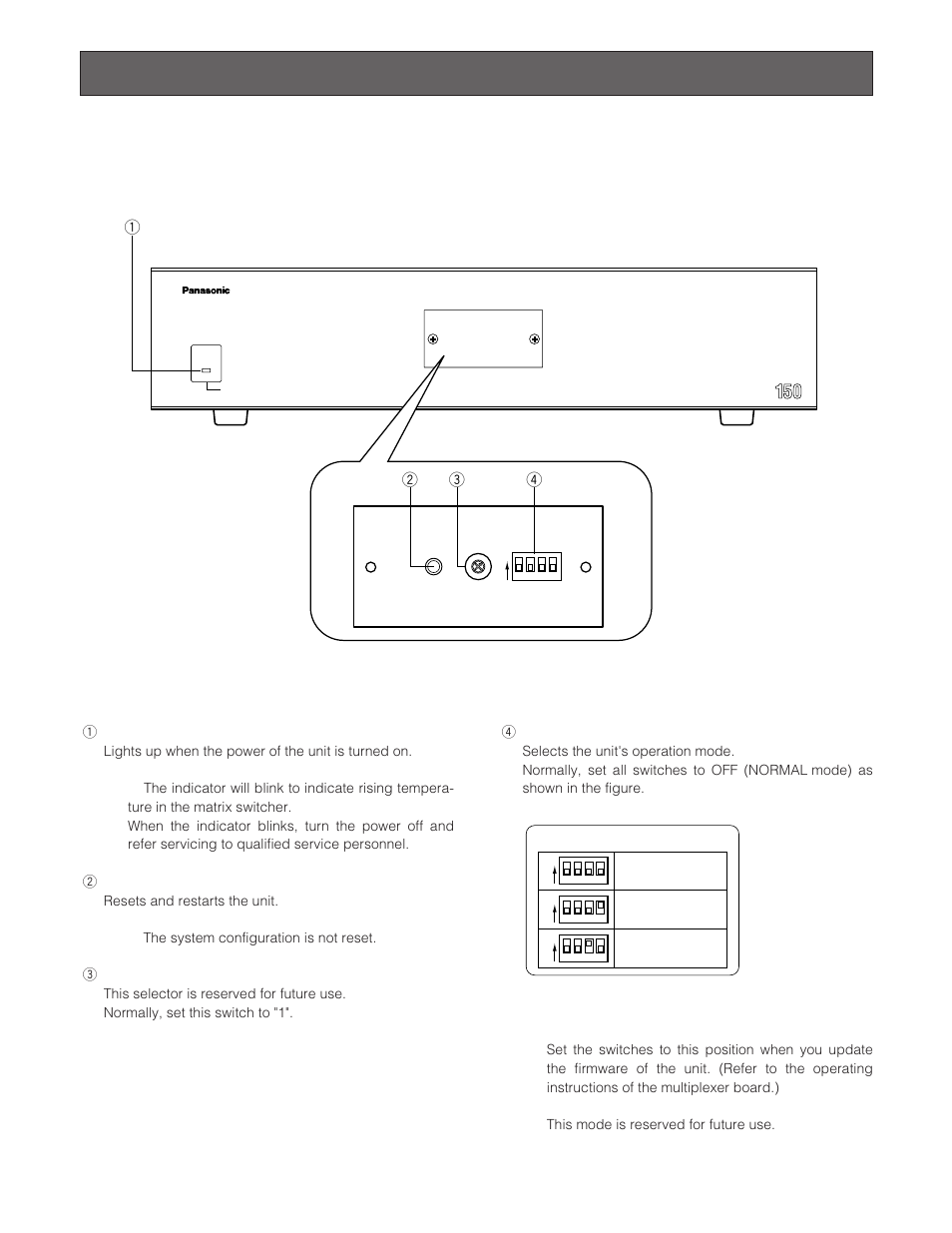 Major operating controls and their functions, Wj-sx 150 matrix switcher, Wj-sx150 matrix switcher | Front view, Mode sw setup | Panasonic WJ-SX 150 User Manual | Page 23 / 148