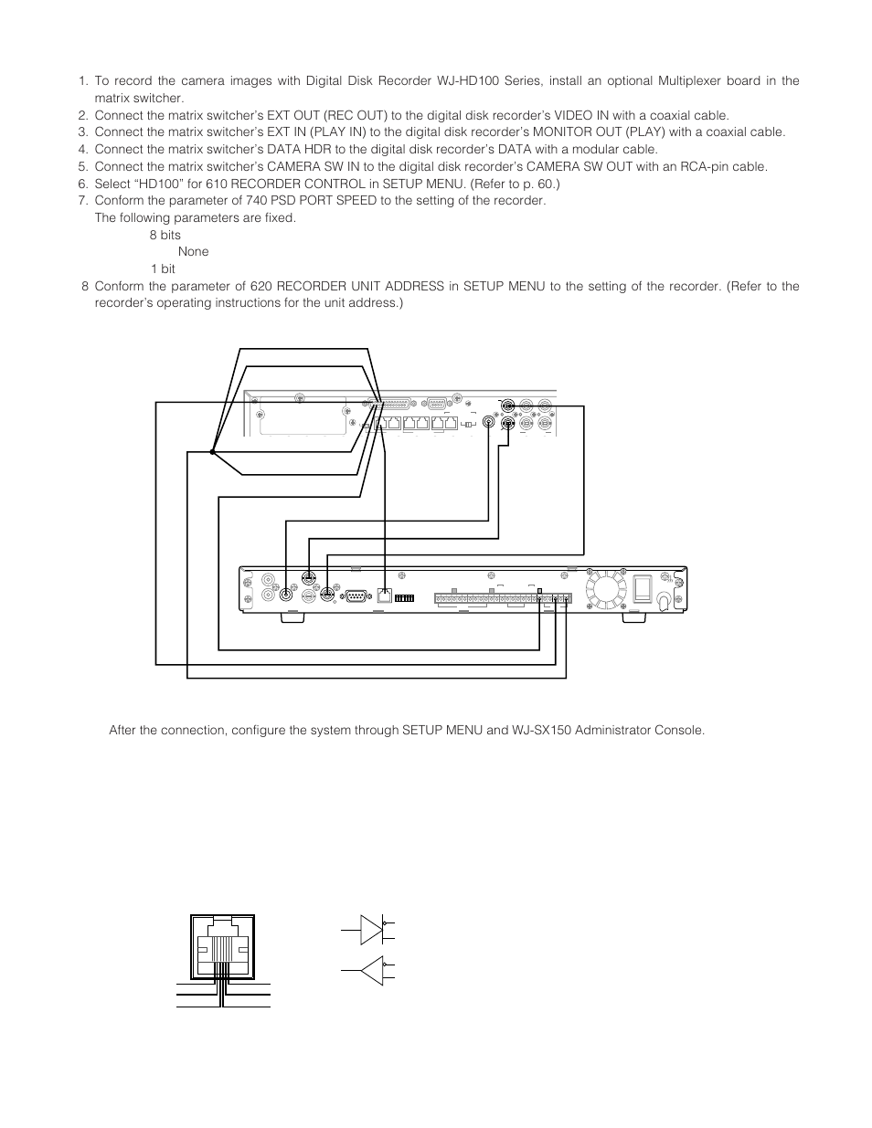 Data hdr, Data hdr port, Tb ta rb ra | Wj-hd100 series digital disk recorder, Gnd matrix switcher's rear panel | Panasonic WJ-SX 150 User Manual | Page 43 / 148