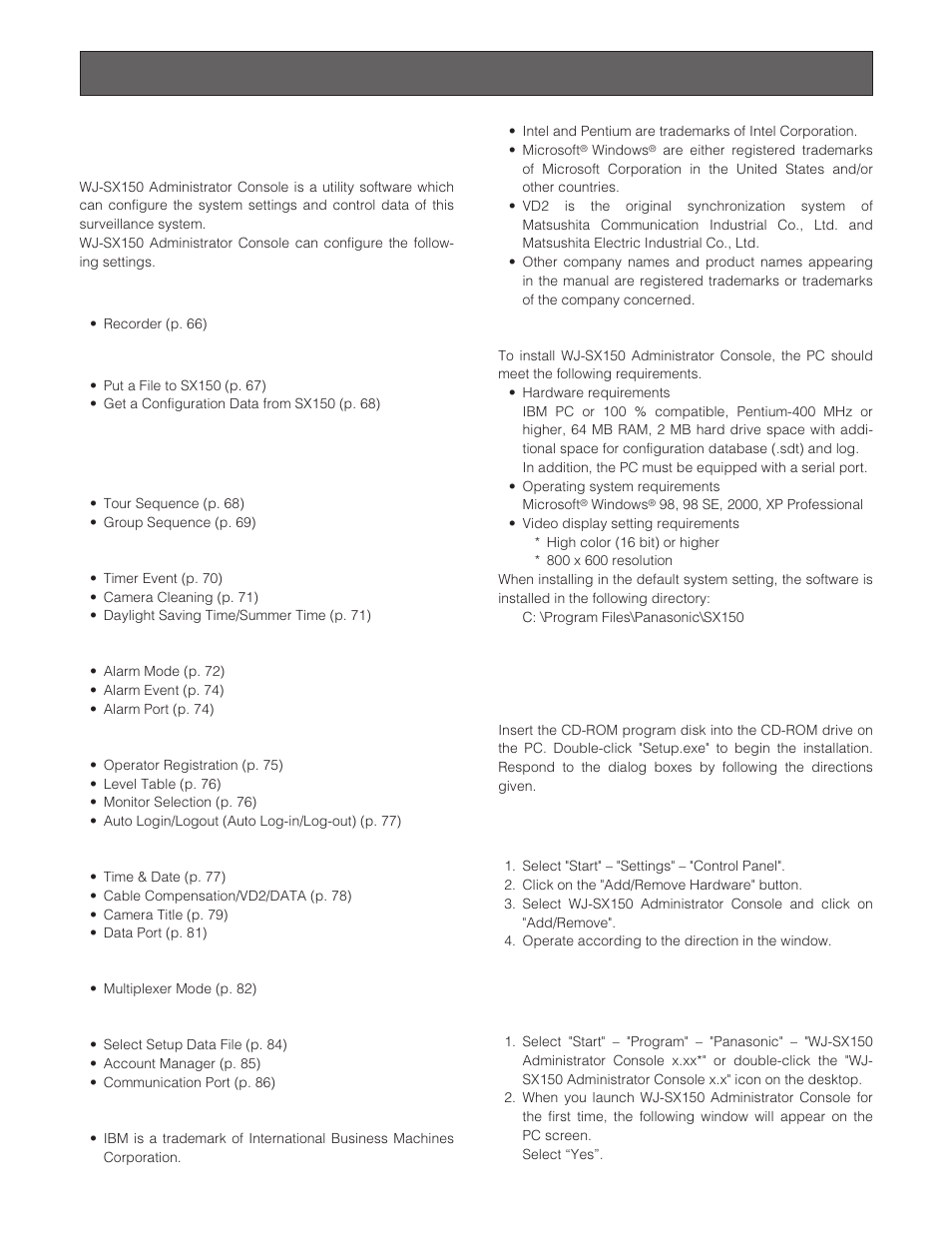 Wj-sx150 administrator console, Description of wj-sx150 administrator console, Installation/uninstallation | Panasonic WJ-SX 150 User Manual | Page 62 / 148