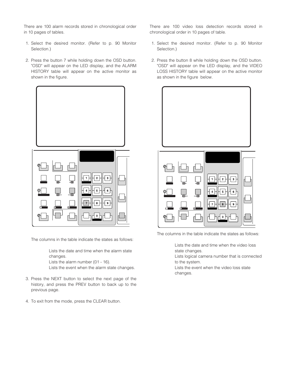 Alarm history table, Video loss history table | Panasonic WJ-SX 150 User Manual | Page 99 / 148