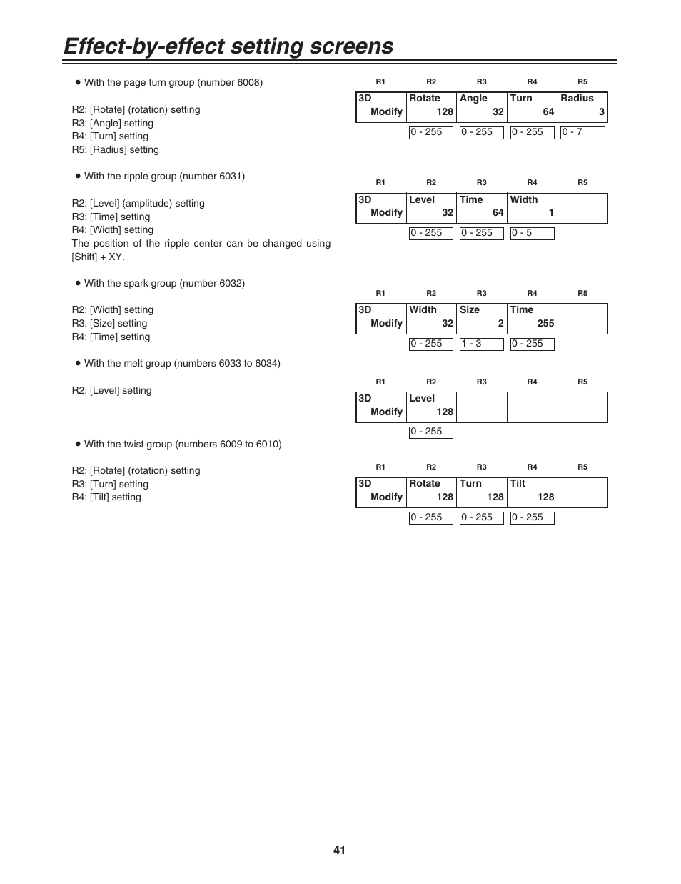 Effect-by-effect setting screens | Panasonic AG-MX70 User Manual | Page 41 / 102