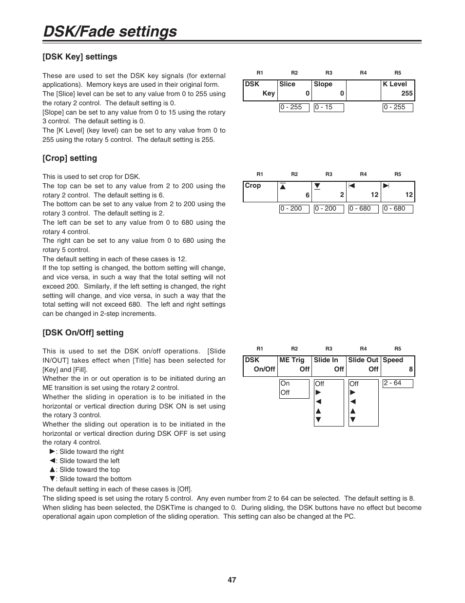 Dsk/fade settings | Panasonic AG-MX70 User Manual | Page 47 / 102