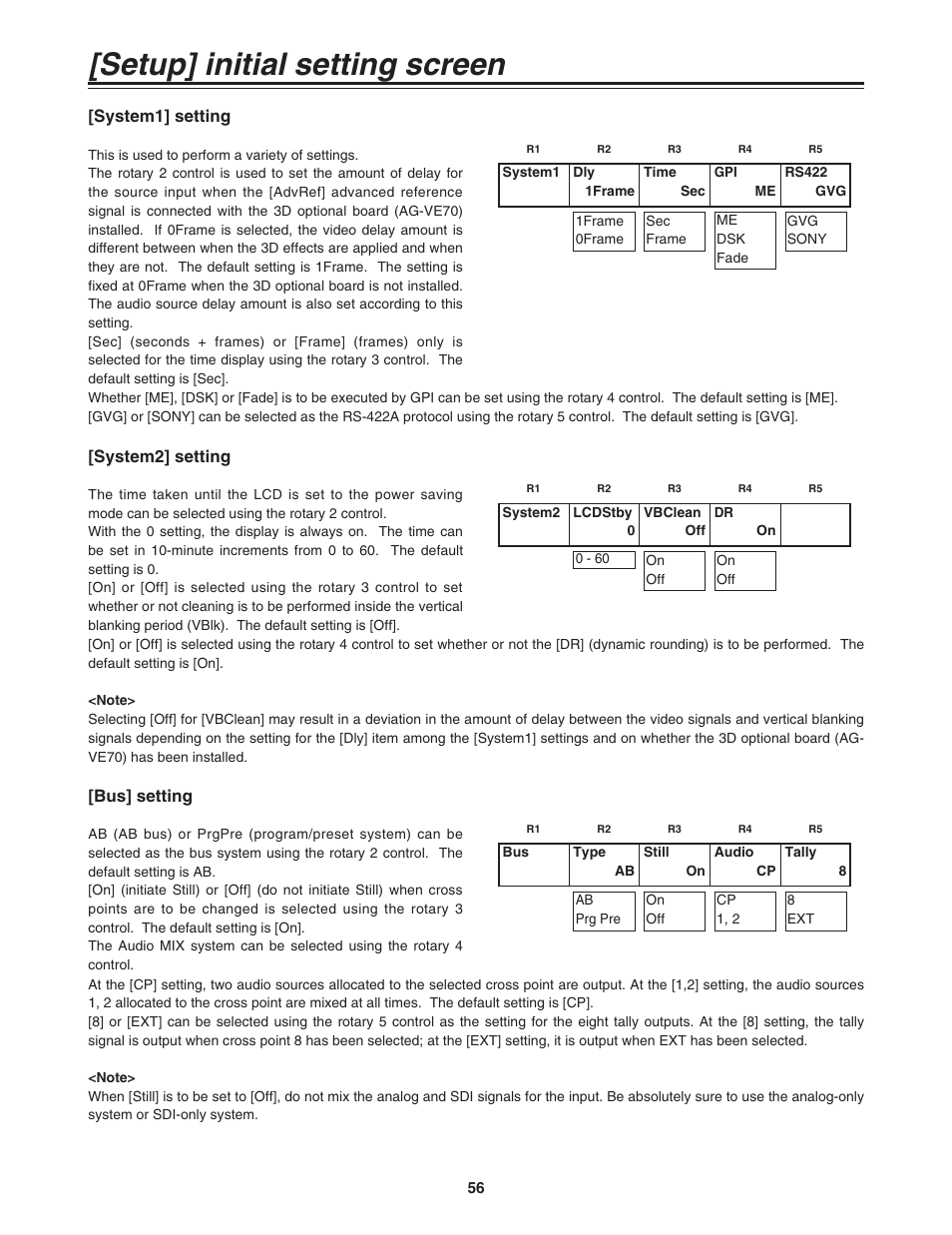 Setup] initial setting screen, System1] setting, System2] setting | Bus] setting | Panasonic AG-MX70 User Manual | Page 56 / 102