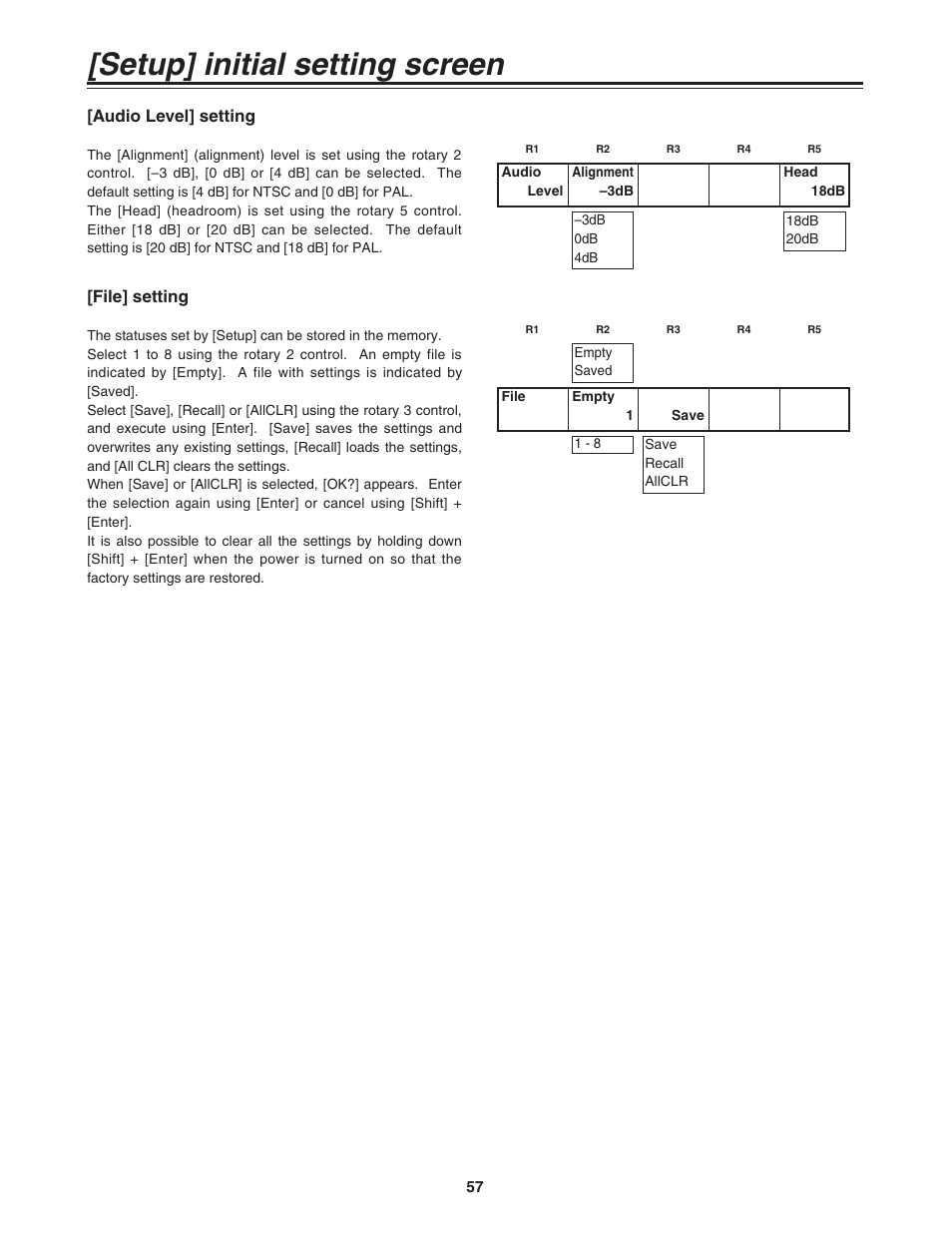 Setup] initial setting screen, Audio level] setting, File] setting | Panasonic AG-MX70 User Manual | Page 57 / 102