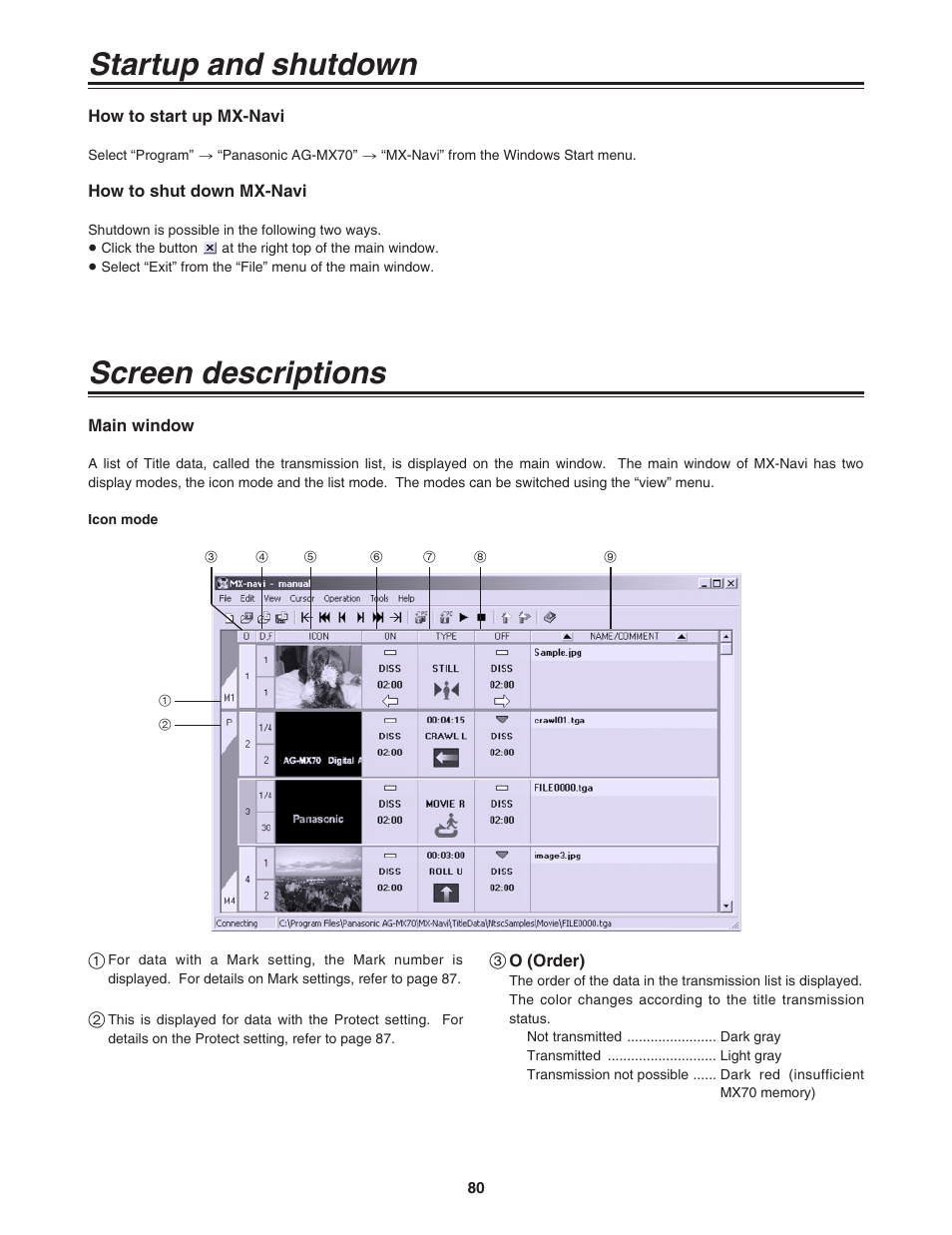 Startup and shutdown screen descriptions | Panasonic AG-MX70 User Manual | Page 80 / 102