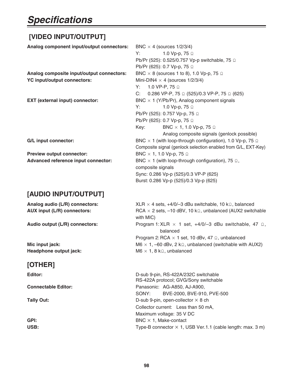 Specifications, Other, Video input/output | Audio input/output | Panasonic AG-MX70 User Manual | Page 98 / 102