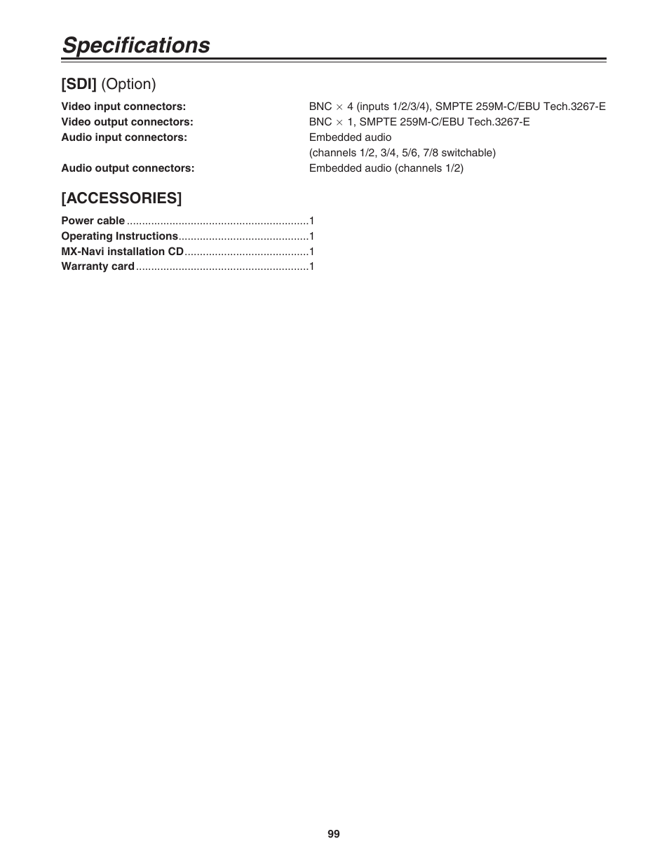 Specifications, Sdi] (option), Accessories | Panasonic AG-MX70 User Manual | Page 99 / 102