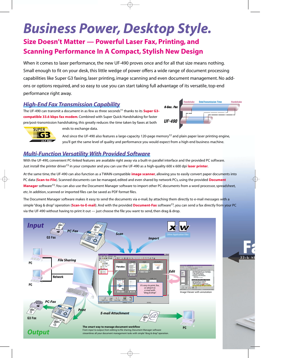 Business power, desktop style, Output, Input | Multi-function versatility with provided software, High-end fax transmission capability | Panasonic Panafax UF-490 User Manual | Page 2 / 4