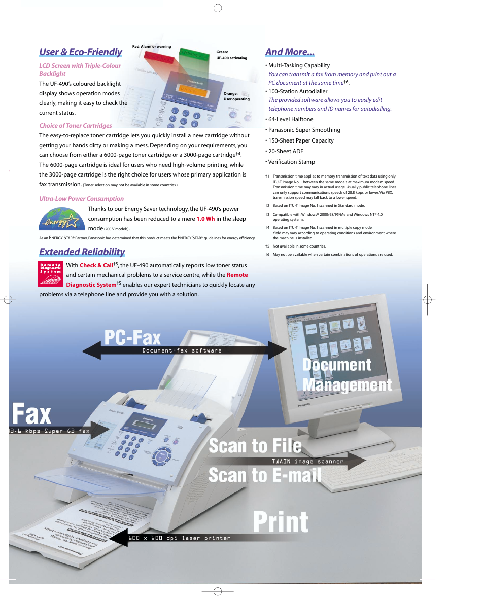 And more, User & eco-friendly extended reliability | Panasonic Panafax UF-490 User Manual | Page 3 / 4