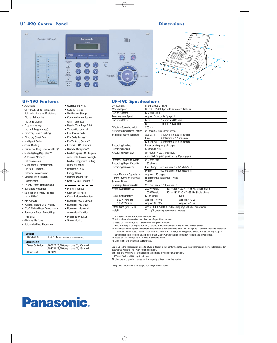 Uf-490 specifications | Panasonic Panafax UF-490 User Manual | Page 4 / 4