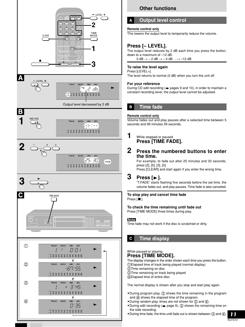 Output level control, Time fade, Time display | Other functions output level control, Press [– level, Press [time fade, Press the numbered buttons to enter the time, Press, Press [time mode | Panasonic SL-PG4 User Manual | Page 11 / 12