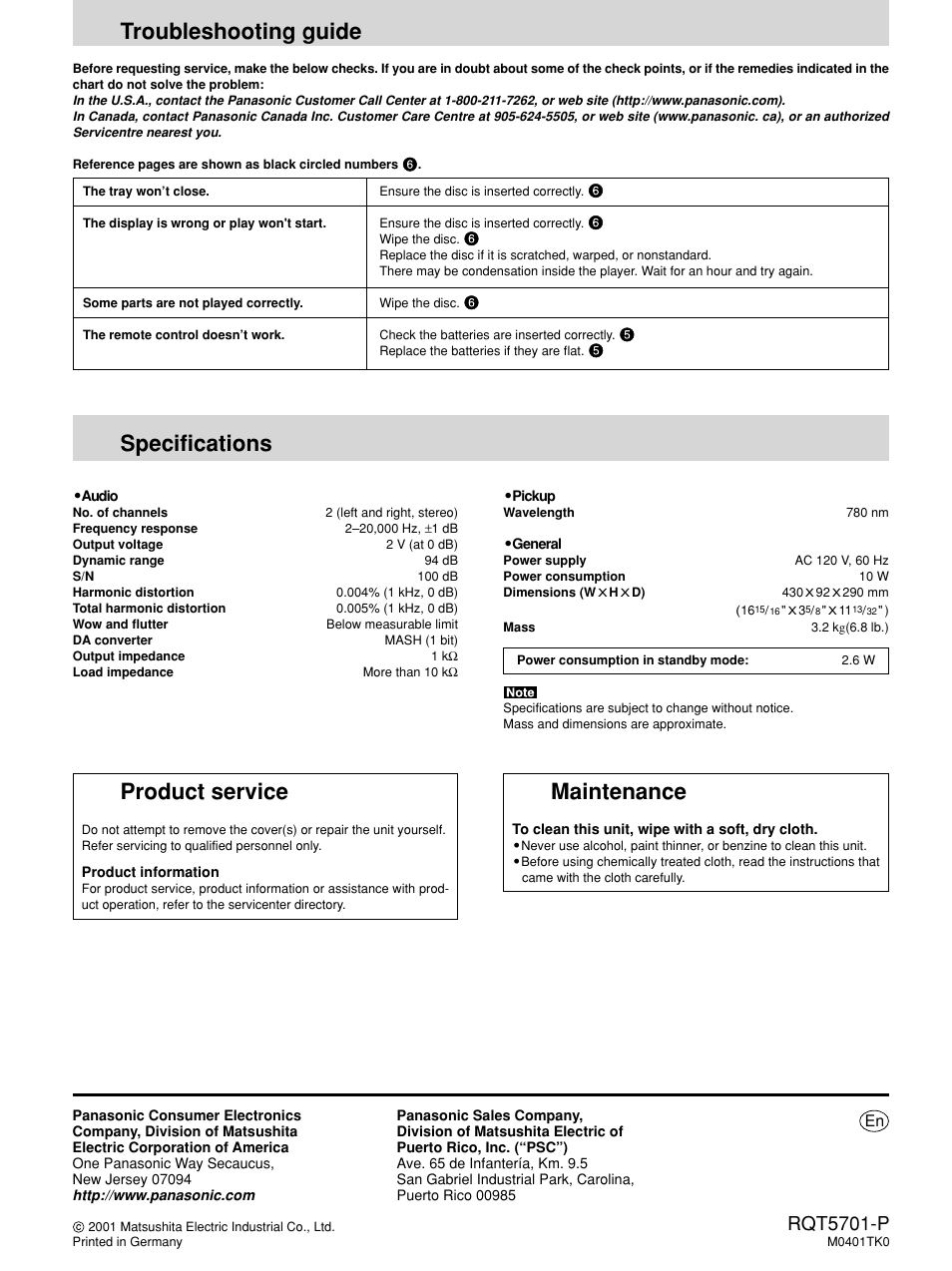 Troubleshooting guide, Specifications, Product service | Maintenance, Rqt5701-p | Panasonic SL-PG4 User Manual | Page 12 / 12