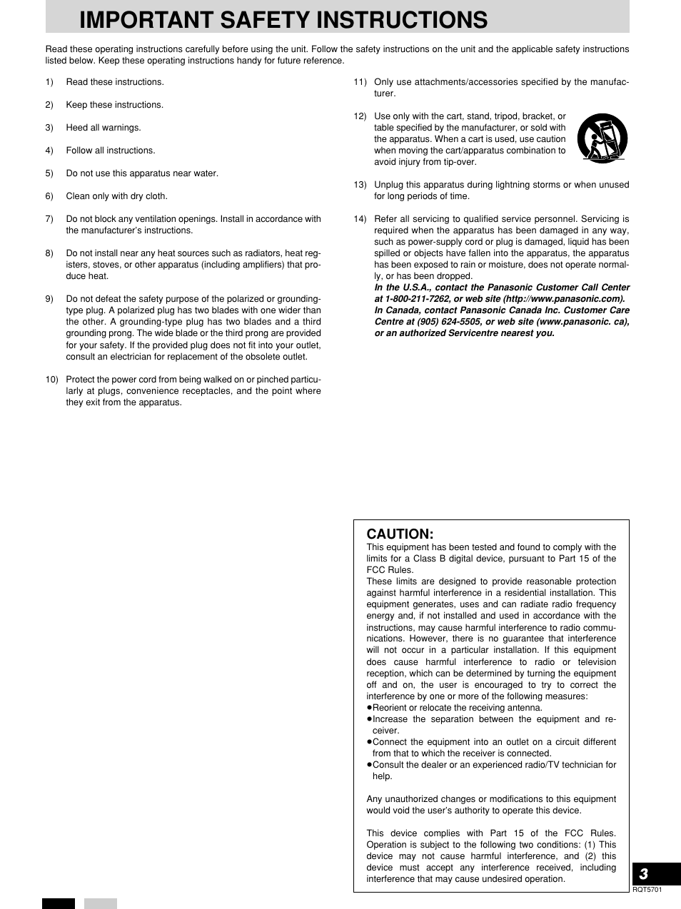 Important safety instructions, 3caution | Panasonic SL-PG4 User Manual | Page 3 / 12