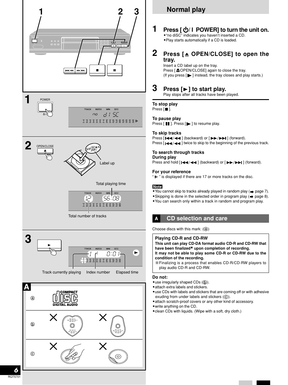 Normal play, Cd selection and care, Press [ open/close] to open the tray | Press [ ] to start play | Panasonic SL-PG4 User Manual | Page 6 / 12