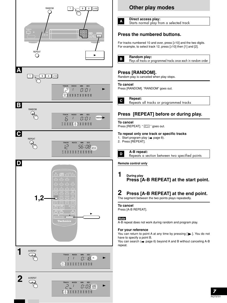 Other play modes, Direct access play, Random play | Repeat, A-b repeat, Press the numbered buttons, Press [random, Press [repeat] before or during play, Press [a-b repeat] at the start point, Press [a-b repeat] at the end point | Panasonic SL-PG4 User Manual | Page 7 / 12