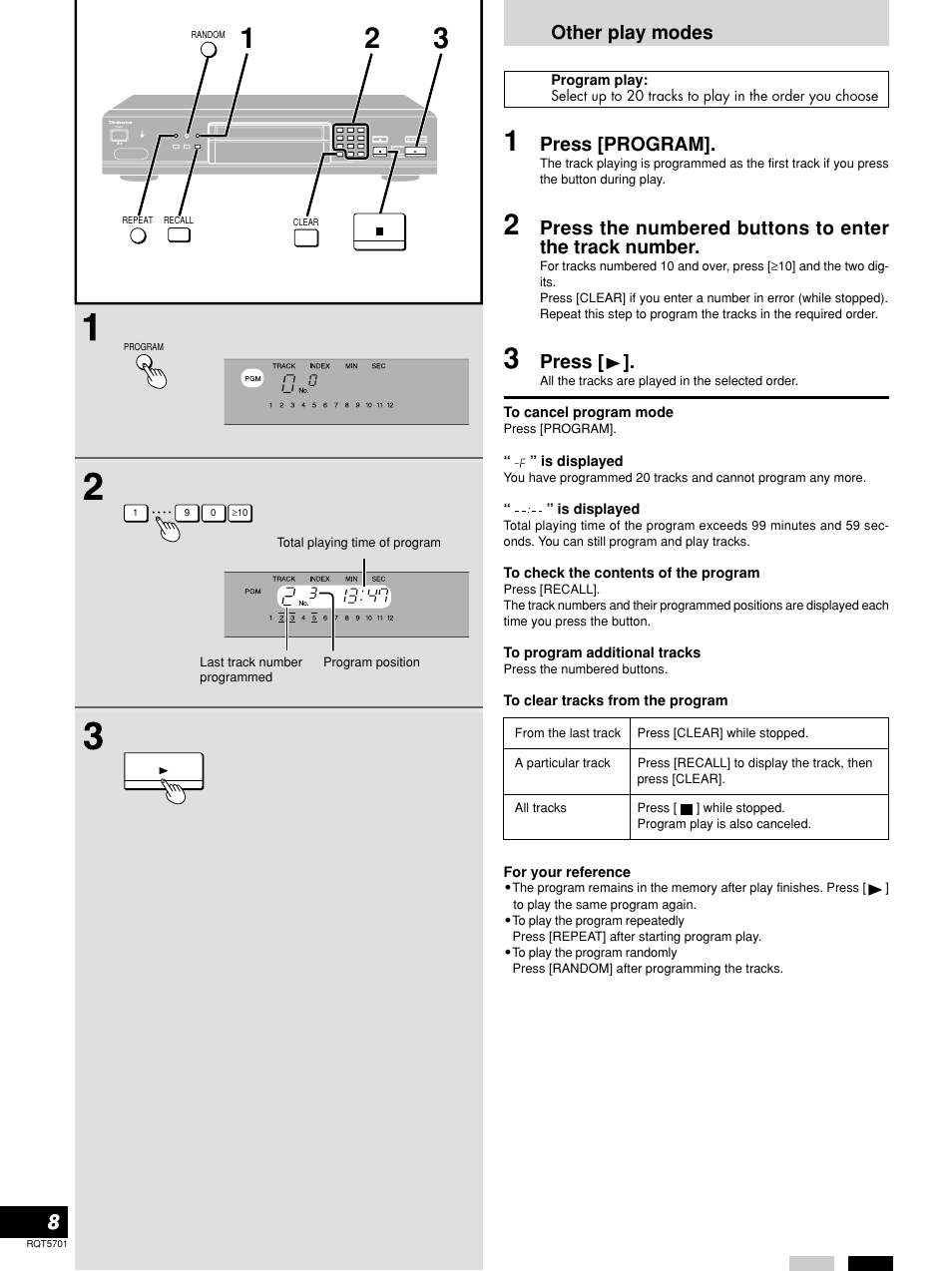 Program play, Other play modes, Press [program | Press | Panasonic SL-PG4 User Manual | Page 8 / 12