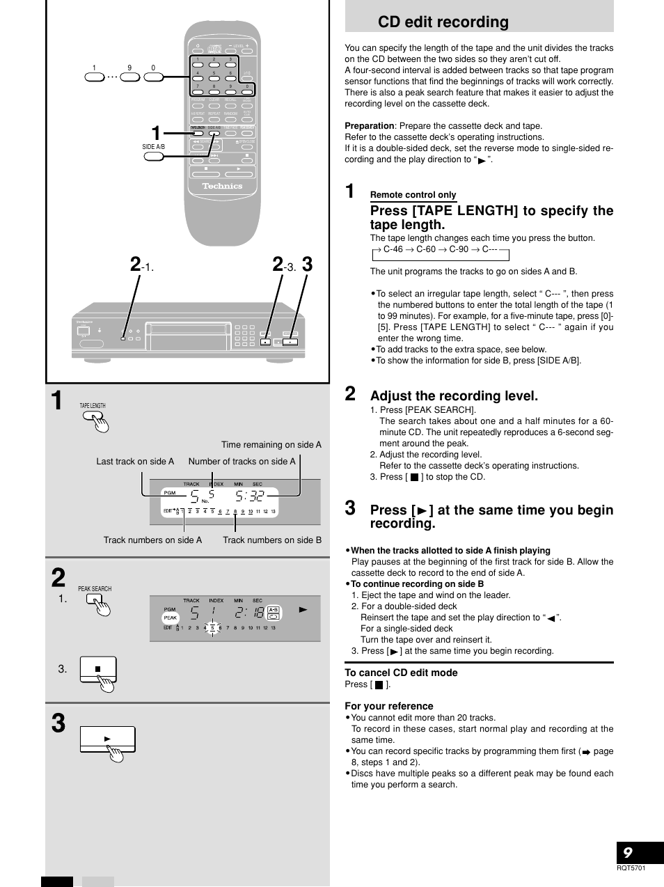 Cd edit recording, Press [tape length] to specify the tape length, Adjust the recording level | Press [ ] at the same time you begin recording | Panasonic SL-PG4 User Manual | Page 9 / 12