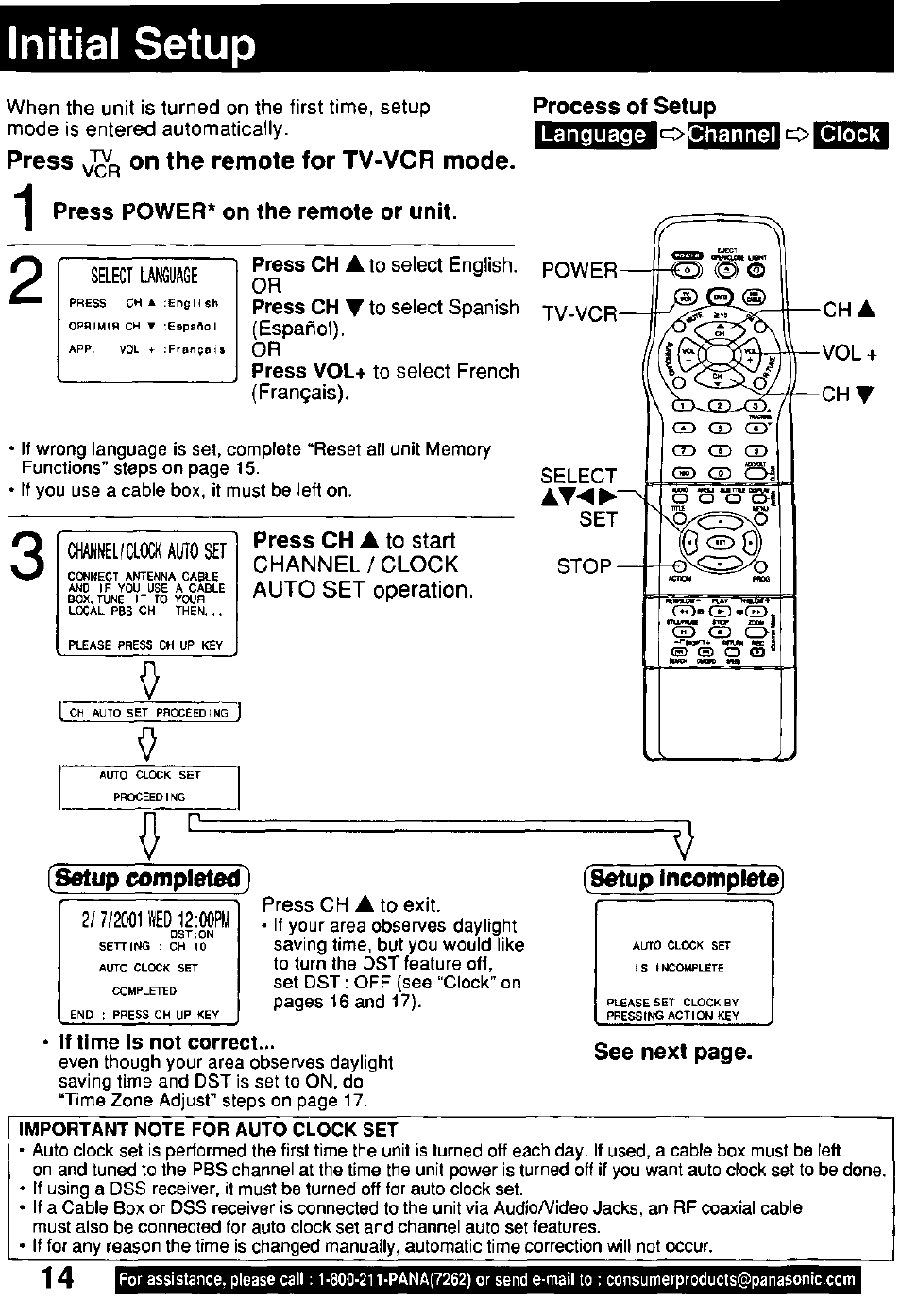 Initial setup, Press vgf, on the remote for tv-vcr mode, Process of setup | Language eachanneleg clock, Press power* on the remote or unit, Setup completed), Setup incomplete, If time is not correct, Initial setup , 15 | Panasonic OMNIVISION PV-DM2791 User Manual | Page 14 / 80